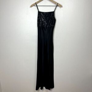 Vintage Y2K Black Satin Bias Cut Maxi Dress Sequin Bias Cut Square Neck Size M‎